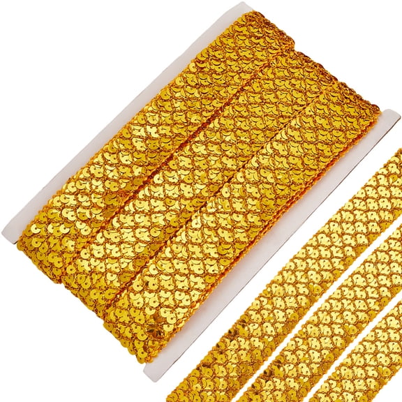 12M 1.38 Inch Gold Sequin Ribbon Trim Gimp Woven Braid Lace Fabric Trimming Metallic Glitter Flat Bling Sequins Beaded Strip Bulk