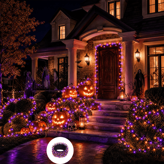 12M 100 LED Orange Purple Halloween String Lights, Plug In 8 Lighting Modes Waterproof Fairy Light, Flexible Decorative LED Strand For Outdoor Indoor Halloween Party Fall Seasonal Home Decorations