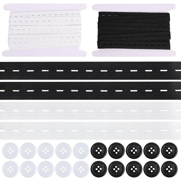 12M 2 Colors Polyester Buttonhole Elastic Cord with 20Pcs 2 Colors Resin Buttons Mixed Color Elastic Cord: 19mm 6m/color