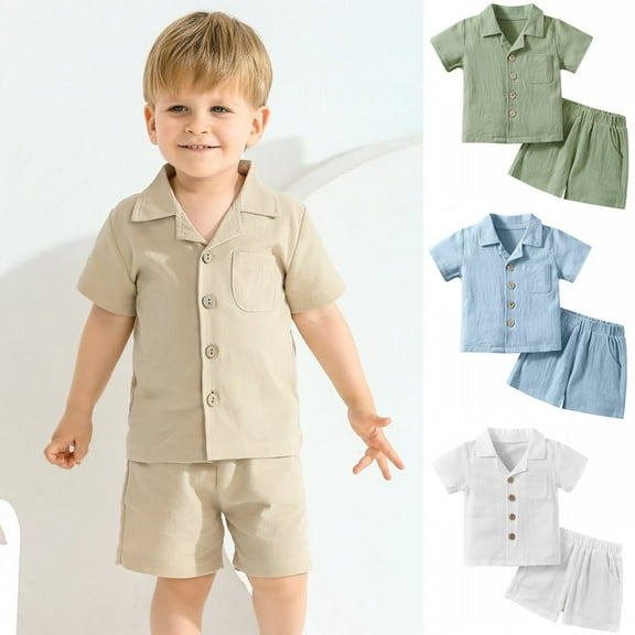 12M-5T Toddler Boys Summer Clothes Shorts Set Cotton Linen Button-up Shirts Tops   Shorts 2Pcs Outfits Set, Size 1-5 Years