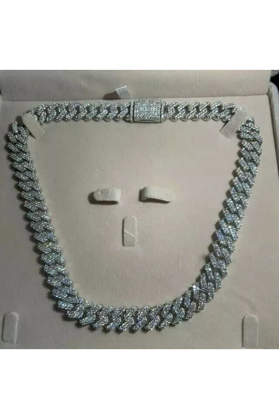 12MM Cuban Link Chain Real Moissanite Cuban Necklaces 14k White Gold Platad 925 Sterling Silver