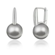 AOBEI PEARL 12MM Dark Grey Round Shell Pearl Drop Dangle Earrings Platinum Plated Leverback Hoops for Women Minimalist Simulated Pearl Jewelry for Wedding Bridesmaids Gift