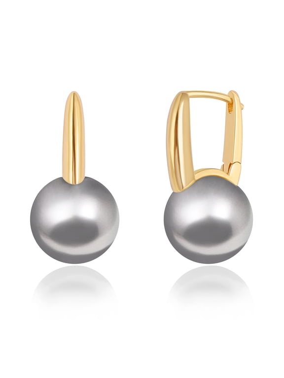 12MM Grey Round Shell Pearl Drop Dangle Earrings 18K Gold Plated Leverback Hoops for Women Minimalist Simulated Pearl Jewelry for Wedding Bridesmaids Gift