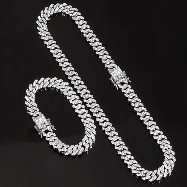 12MM Iced Out Miami Cuban Link Chain Necklace Bracelet Set For Men
