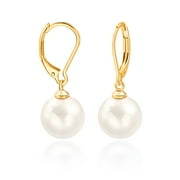 AOBEI PEARL 12MM White Round Shell Pearl Drop Dangle Earring for Women 18K Gold Plated French Hooks Leverback Earring Bridesmaids Jewelry