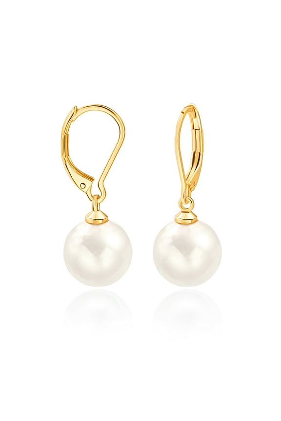 12MM White Round Shell Pearl Drop Dangle Earring for Women 18K Gold Plated French Hooks Leverback Earring Bridesmaids Jewelry