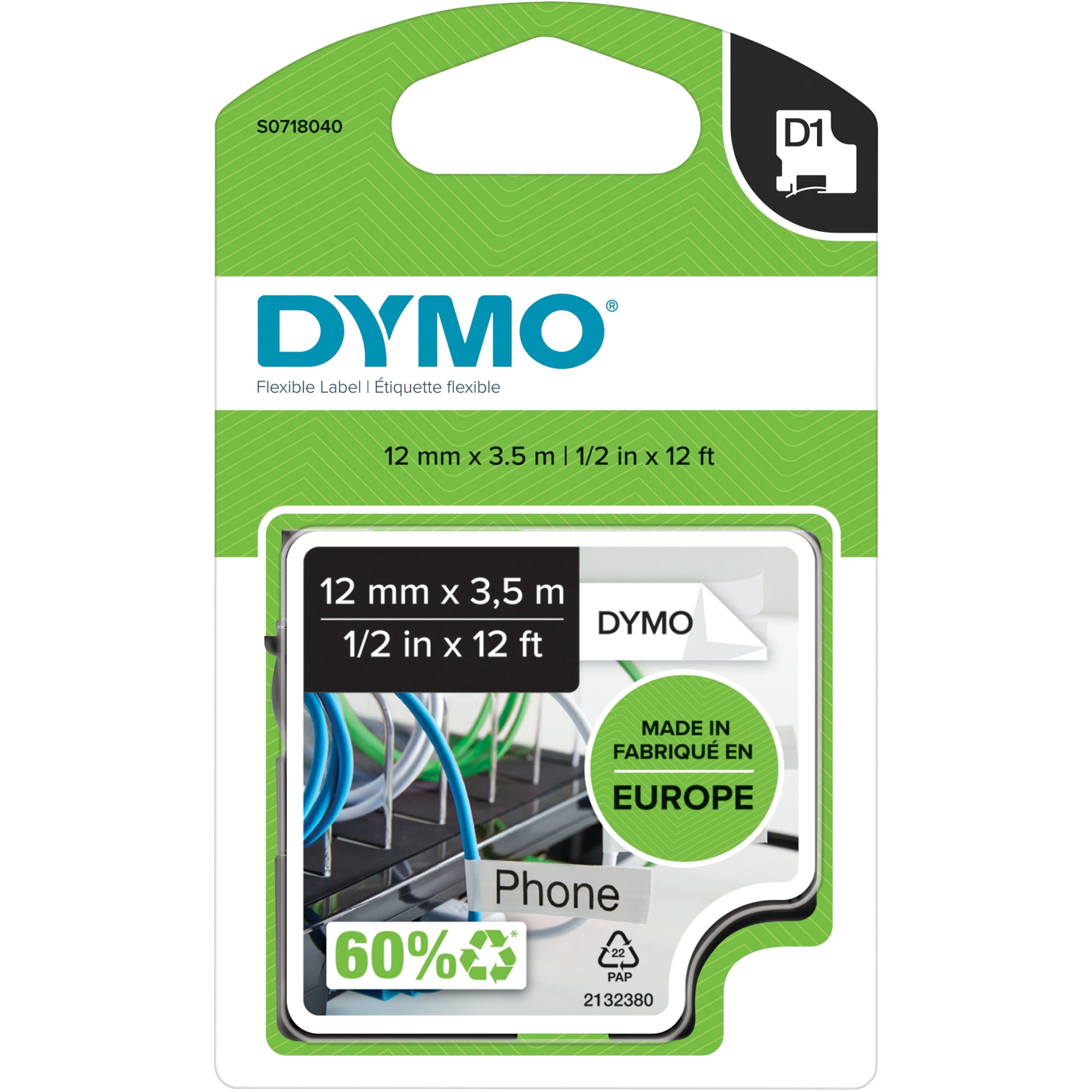 Dymo D1 High-Performance Flexible Nylon Fabric Tape For DYMO LabelManager Label Makers, 1/2" x 12’, Black Print on White