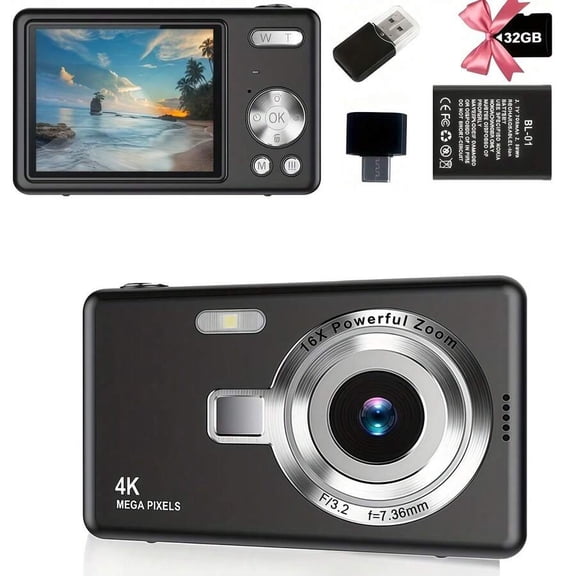 12MP 4K Digital Camera with 16X Zoom, 2.4" Screen, Autofocus FHD Video Vlog, Portable Travel Camera for Outdoor Holiday Birthday Gift (Black/Silver)