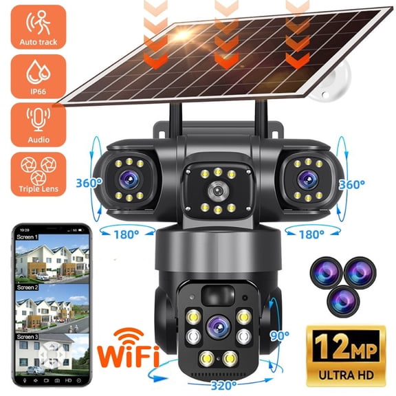 12MP Wireless Solar Security Camera with Three Lenses, 360 Degree PTZ Outdoor Surveillance System, 2.4G WiFi Powered, IP66 Waterproof, Motion for Home Garden(Black)