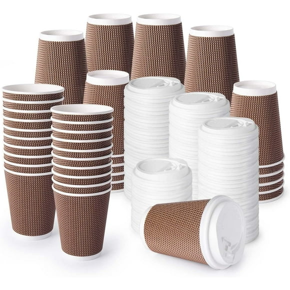 12OZ [600(60)(100)(400) Sets] Brown Disposable Premium Insulated Paper Ripple Hot Coffee Paper Cups With Lids (12OZ 600CT)