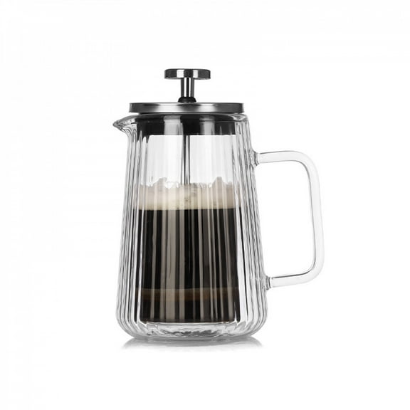 12OZ Double-Wall Glass French Press Coffee Milk Tea Sharing Pot with Vertical Stripes Heat-Resistant Glass Coffee Maker for Home Use Kitchen & Dining Room Beverage Pot