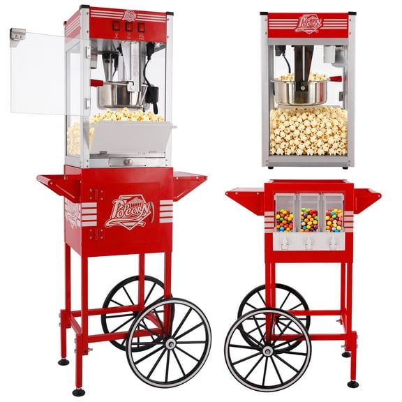 12OZ Popcorn Machine with Cart, Holaki Movie Theater Popcorn Maker Machine with 3 Candy Dispensers, Stainless Steel Kettle, Tempered Glass, Popcorn Machine for Kids Party Home, Red