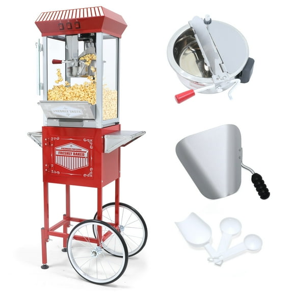 12OZ Popcorn Machine with Cart, Holaki Movie Theater Popcorn Maker Machine with Stainless Steel Kettle, Tempered Glass, 8" Shelf, Popcorn Machine for Kids Party Home, Red&White