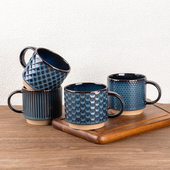 12OZ Stackable Coffee Mugs, Ceramic Coffee Mugs with Texture Patterns for Man,Woman,Dad,Mom, Modern Coffee Mugs Set of 4 for Latte/Cappuccino/Cocoa. Dishwasher&Microwave Safe, Off White