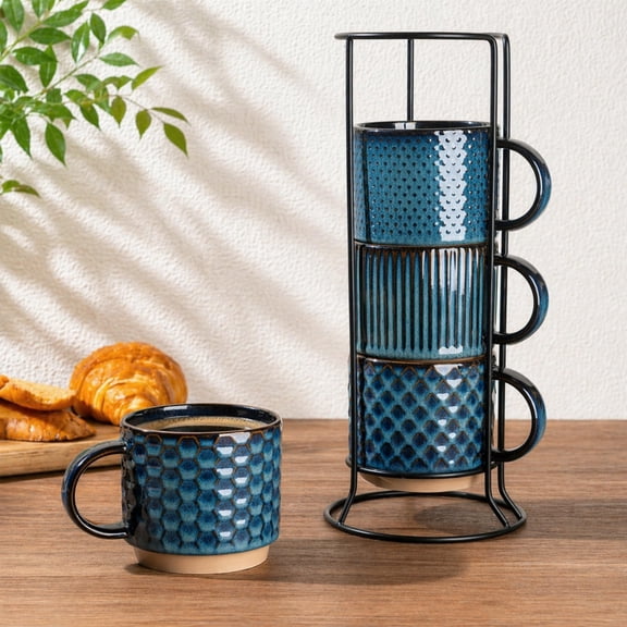 12OZ Stackable Coffee Mugs, Ceramic Coffee Mugs with Texture Patterns for Man,Woman,Dad,Mom, Modern Coffee Mugs Set of 4 for Latte/Cappuccino/Cocoa. Dishwasher&Microwave Safe, Off White