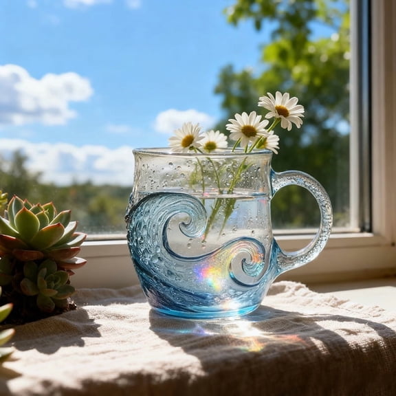 12Oz Capacity Sea Glass Wave Mug, Handicraft Glass Mug with Blue Swirl Texture, for Tea Coffee Milk Drinking, Home Office Bar Indoor Table Top Decorative Mug, Gift for Surf Lover, Friend, Family