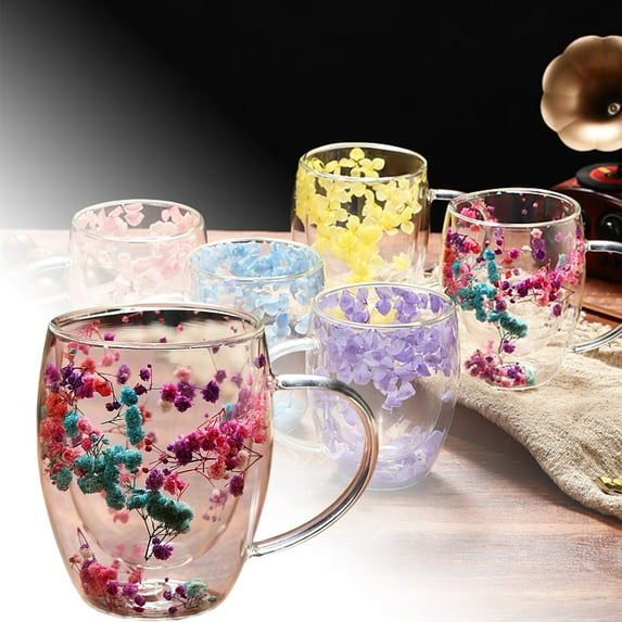 12Oz Double Wall Clear Glass With Handle Artistic Insulated Cup With Petal Painting Colorful Mugs For Hot Cold Beverages Cappuccino Latte Espresso Coffee Juice(Red-350Ml)