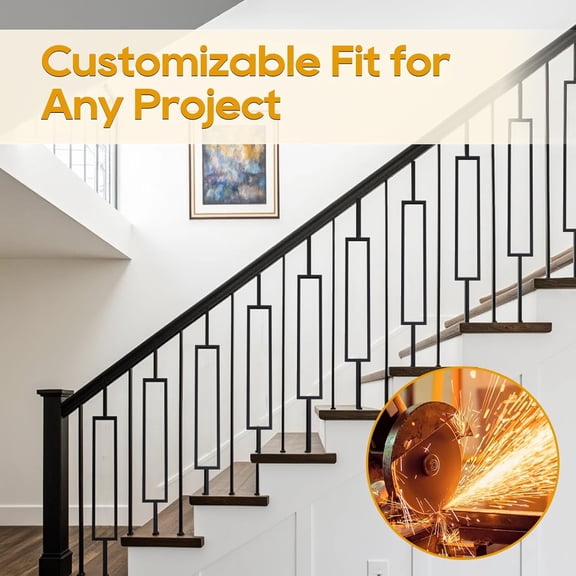 12P Wrought Iron Stair Balusters, 44 Inches Deck Balusters for Staircase, Rectangular Frame Balusters with 1/2" Square Hollow Spindles for Stair, Metal Black Stair Railing Balusters