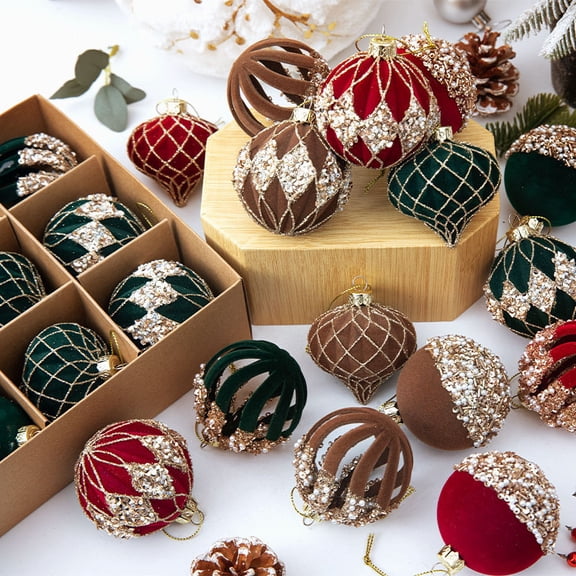 12PC, 6cm Hand-Painted Christmas Ornament Set, Flocked Hollow-Out Design, Glittered Motifs with Crystal Accents, Home Tree Decor