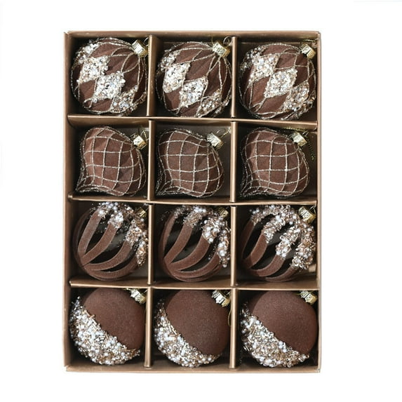 12PC 6cm Hand-Painted Flocked Hollow-Out Christmas Ball Set with Rhinestones – Assorted Shape Tree Ornaments for Holiday Decor, Festive Xmas Decorations