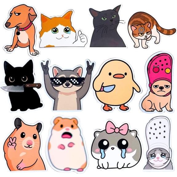 12PC Cartoon Meme Animals Magnets Cute Fun Funny Unique Quirky Weird Silly Crying Cat Dog Chic Puppy Hamster Raccoon Locker Accessories Home Kitchen Fridge Magnetic Decor Gifts for Friends Coworkers
