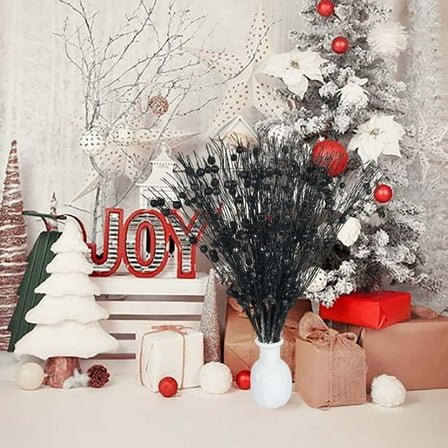 12PC Christmas Glitter Berry Stems, 17 inch Artificial Greenery Picks for Xmas Tree Wreath, Holiday Home Decor,Black