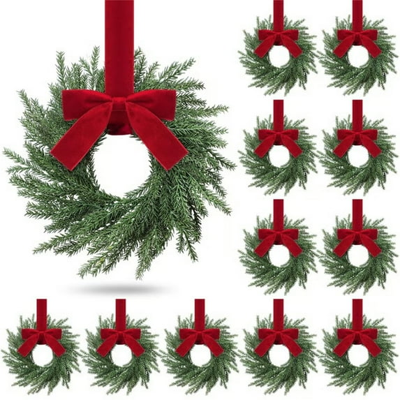 12PC Christmas Wreath, Kitchen Cabinet Hanging Wreath with Bow and Ribbon for Front Door, Window, Table, Pillar, and Home Décor 12.6 Inch