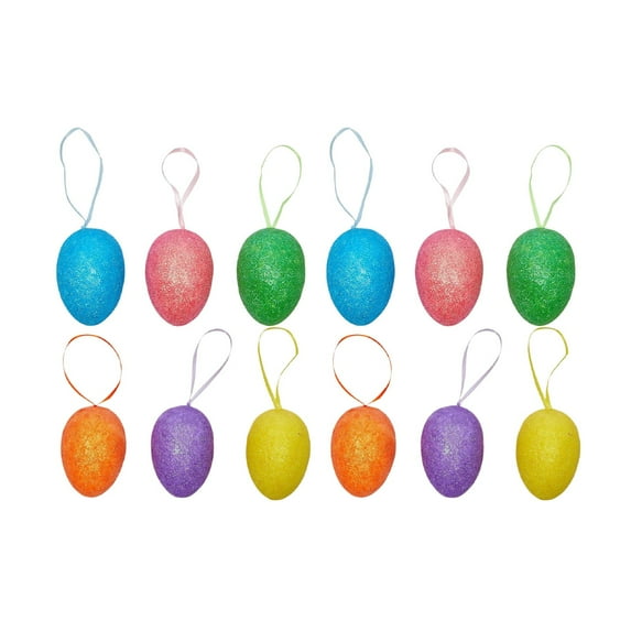 12PC Glitter Foam Easter Egg Ornaments - Sparkling Hanging Eggs for Easter Tree Decorations, Basket Fillers, DIY Crafts, and Party Supplies in 6 Vibrant Colors