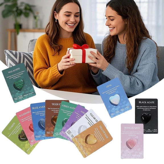 12PC Heart Crystals and Healing Stones, Love Gemstones Pocket Set, Heart-Shaped Natural Crystal with Hug Cards, Balancing Meditation Valentines Mother's Day Gifts School Party Gift Exchange