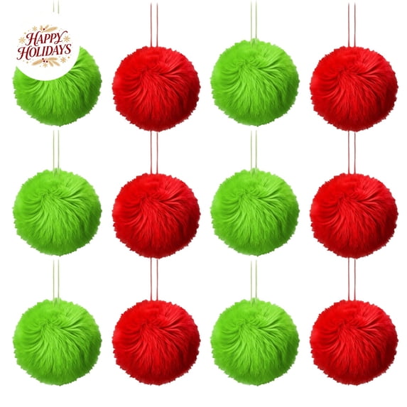 12PC Red&Green Fluffy Christmas Pom Pom Ball Ornament, 3.14Inch Plush Fuzzy Hanging Balls, Christmas Tree Decorations, Holiday Hanging Pendant for Wreath, Mantel, Window, Indoor Xmas Home Party Decor