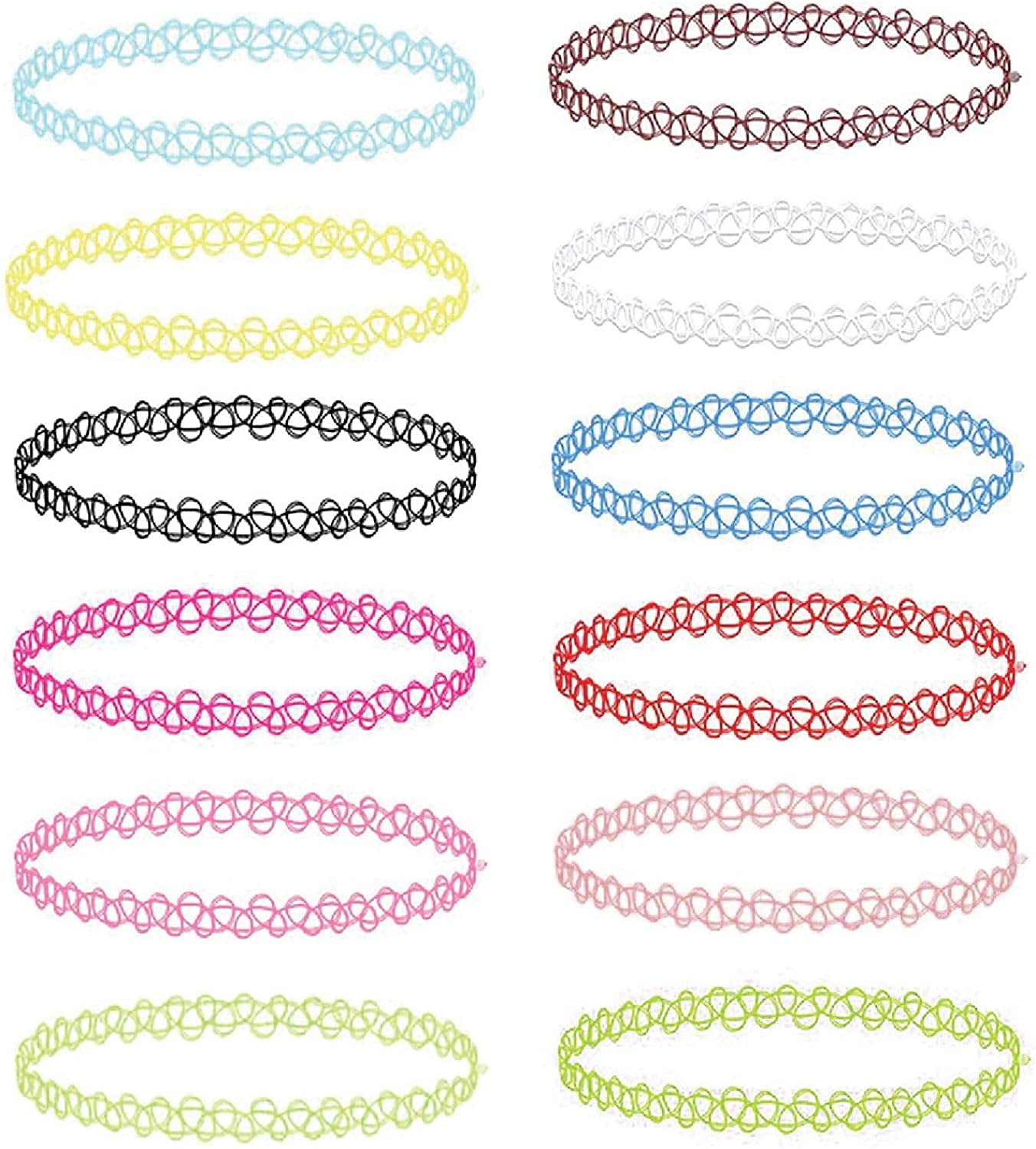 TOTF 12PC Tattoo Choker Necklace Set,90s Accessories Women Teen Girls Kids,Vibrant Rainbow Neon Multicolor Stretchy Jewelry - Summer Style Gift Idea