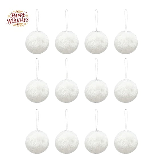 12PC White Fluffy Christmas Pom Pom Ball Ornament, 2.36Inch Plush Fuzzy Hanging Balls, Christmas Tree Decorations, Holiday Hanging Pendants for Wreath, Mantel, Window, Indoor Xmas Home Party Decor