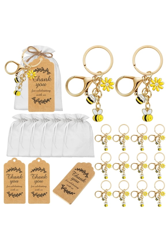 12PC Yellow Classic Bee Flower Keychain Party Favors Set Keyring with Kraft Tags Organza Bag for Guests Souvenir Baby Shower Wedding Spring's Gift