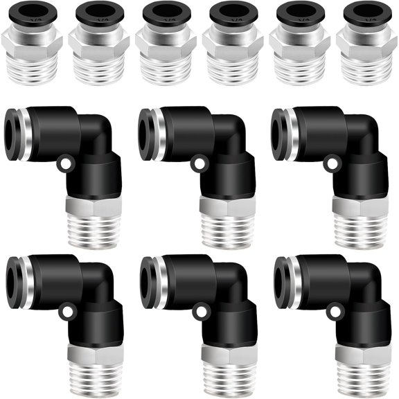12PCS 1/4 Inch Tube OD x 1/4 Inch NPT Thread Elbow and Straight Combination 1/4 Push to Connect Fittings Pneumatic Fitting Kit Air Hose Quick Connect Fittings