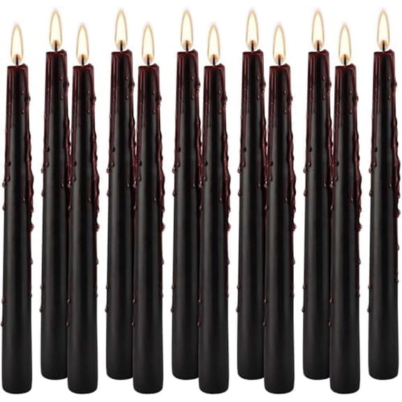 12PCS 10-Inch Black Bleeding Taper Candles,Vampire Tears Taper Candles- Unscented Candle Pack Ideal for Halloween, Christmas, Rituals, and Themed Party Decor.