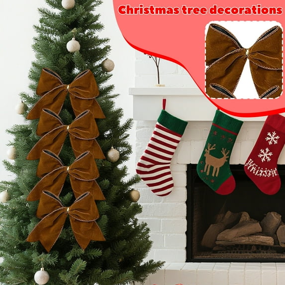 12PCS 12 Pcs Christmas Bows Rustic Wreath Gift Bows Vintage Xmas Velvet Ribbon Decoration for Xmas Tree Garland DIY Wrapping Decorative White & Brown & Green Christmas Tree Bows 6in