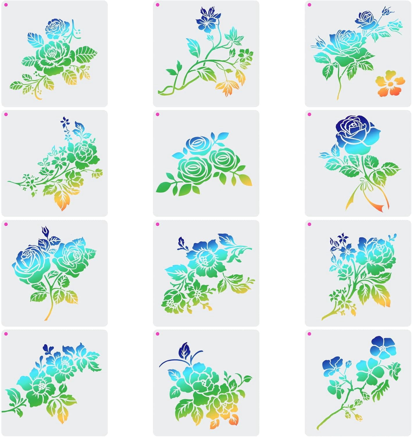 12PCS 12 Styles 7.8 x 7.8 Rose Drawing Stencil Reusable Flower Painting ...