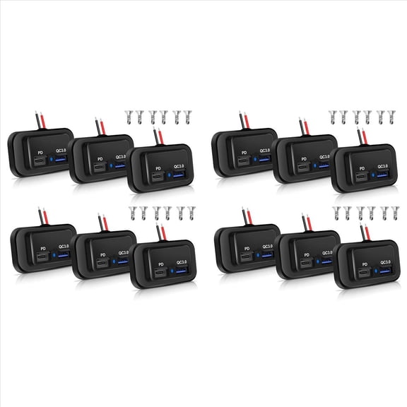 12PCS 12V/24V RV USB Outlet, Dual PD3.0 Type-C (USB C)& Quick Charge QC3.0 USB-A Port Panel Mount Car Socket Charger