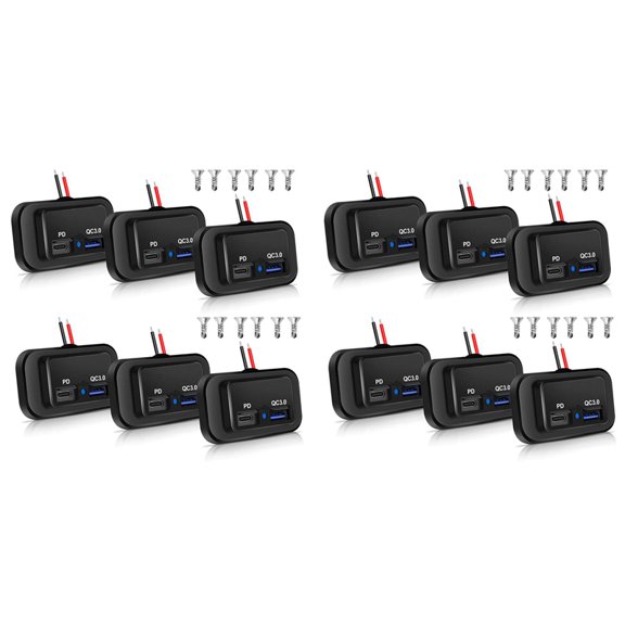 12PCS 12V/24V RV USB Outlet, Dual PD3.0 Type-C (USB C)& Quick Charge QC3.0 USB-A Port Panel Mount Car USB Socket Charger