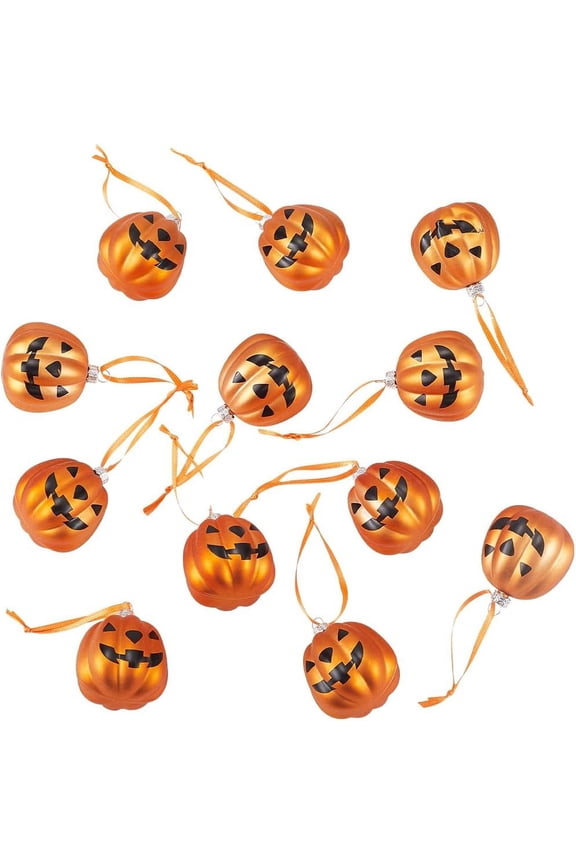 12PCS 2.3 Inch Fall Pumpkin Halloween Ornaments Jack O Lantern Tree Decorations Plastic Night Christmas Tree Hanging Ball Ornament Pendant for Thanksgiving Holiday Home Dcor