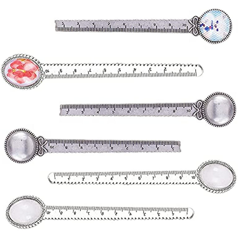 12pcs 2 Styles Ruler Bookmark Pendant Tray Kit 6pcs Round Bookmark Cabochon Setting Blanks with 6pcs Clear Domed Glass Cabochon for DIY Alloy Bookmark