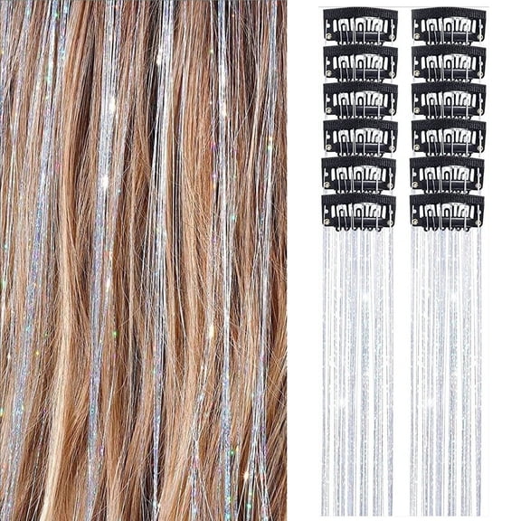 12PCS 20.5" Glitter Clip-In Hair Extensions with Secure Metal Clips, Heat-Safe Synthetic Silver Streaks Perfect for Festival, Party, Cosplay, Holiday, Daily Styling, Concerts, Silver, By Harlik