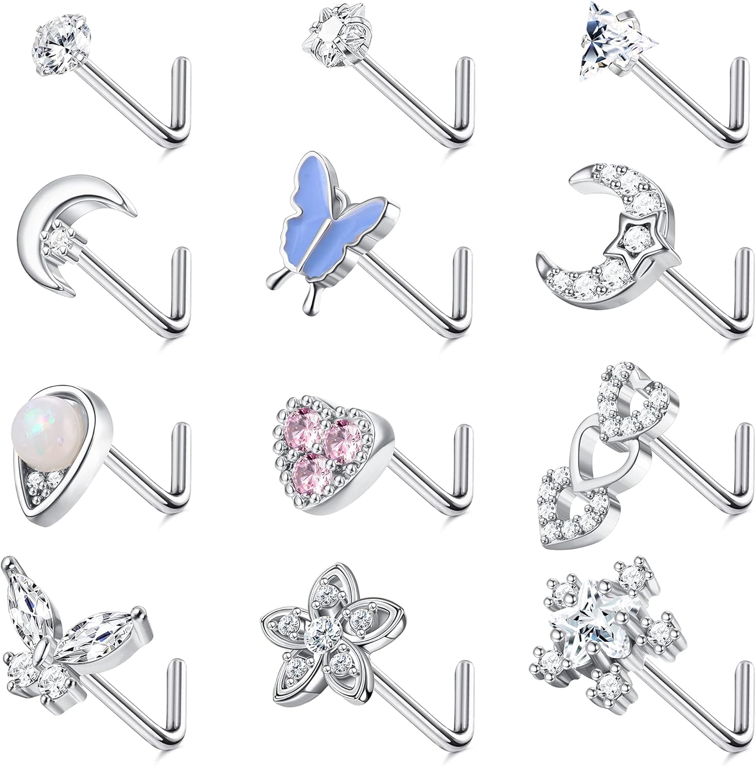 12PCS 20G Surgical Steel Nose Rings Studs Set CZ Moon Star Butterfly