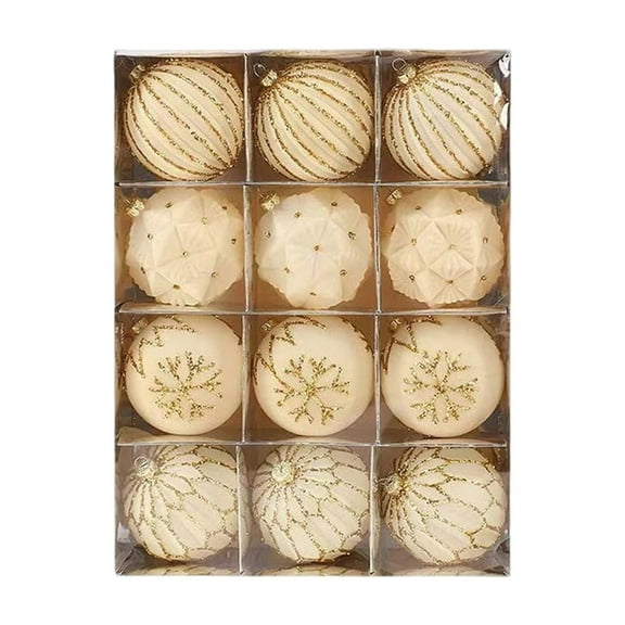 12PCS 3.15 Inch Velvet Christmas Ball Ornaments, Beige Flocked Xmas Tree Decorations with Glitter Designs, Elegant Hanging Baubles for Holiday Wedding Party Decor