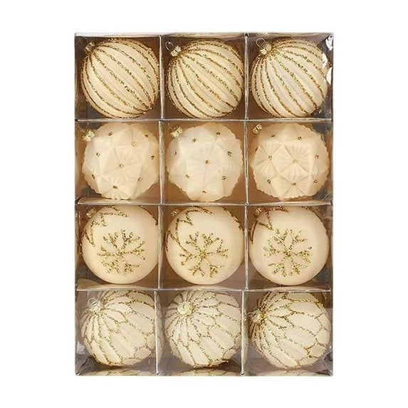 12PCS 3.15 Inch Velvet Christmas Ball Ornaments, Beige Flocked Xmas Tree Decorations with Glitter Designs, Elegant Hanging Baubles for Holiday Wedding Party Decor