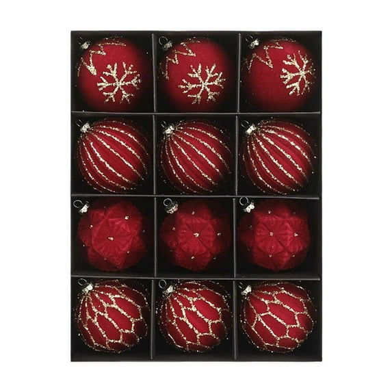 12PCS 3.15" Neutral Velvet Christmas Ornaments, texture designs Flocked Glitter Baubles Set, Elegant Xmas Tree Decorations for Holiday Wedding Party Displays