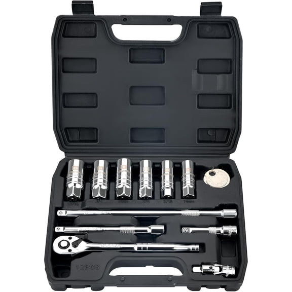 12PCS 3/8" Drive Spark Plug Socket Set with Ratchet Handle, Universal Joint, Extension Bar & Spark Plug Gapper, Fits 9/16", 5/8", 3/4", 13/16", 14mm, 18mm, CR-V Steel with Rubber Holder Ring