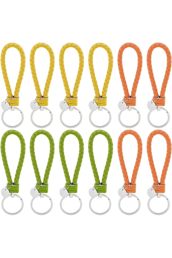 12PCS 3 Colors Briaded PU Leather Car Keychain Woven Strap Key Fob with Alloy Key Rings Rope Keychain DIY Making