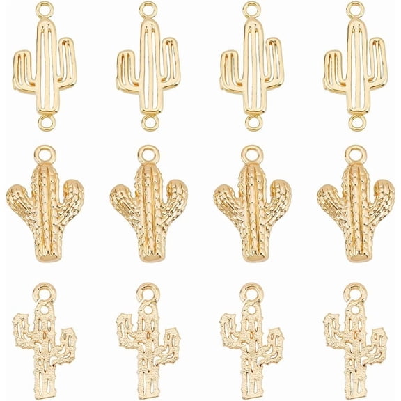 12PCS 3 Style 18K Gold Plated Cactus Pendants Cactus Links Charms