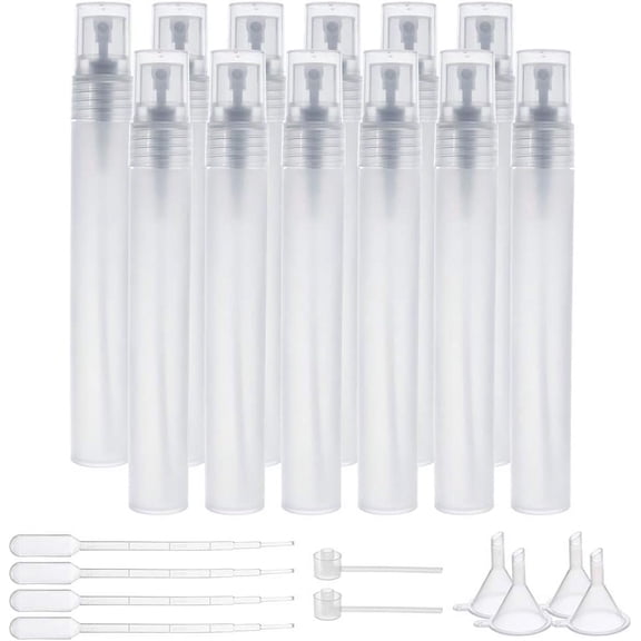 12PCS 30ml Mini Plastic Spritzer Bottle Frosted Fine Mist Spray Tubes 2PCS Transfer Pumps 4PCS Funnels and 4PCS Pipettes for Perfume Lotion Liquids for DIY